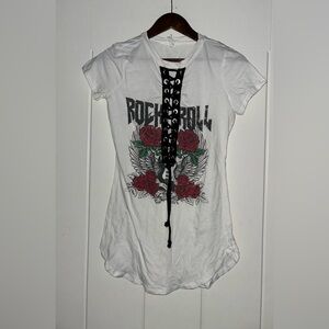 It Girl Rock & Roll Lace‎ Up Floral White Tee Shirt Baddie Punk Rock Women M